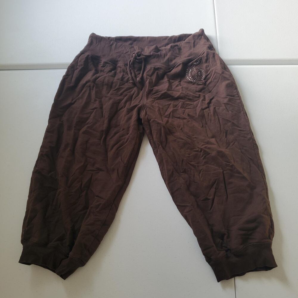 Y2K Guess capri Womens Large Brown Crop Jogger Elastic Waist Rhinestone McBling
